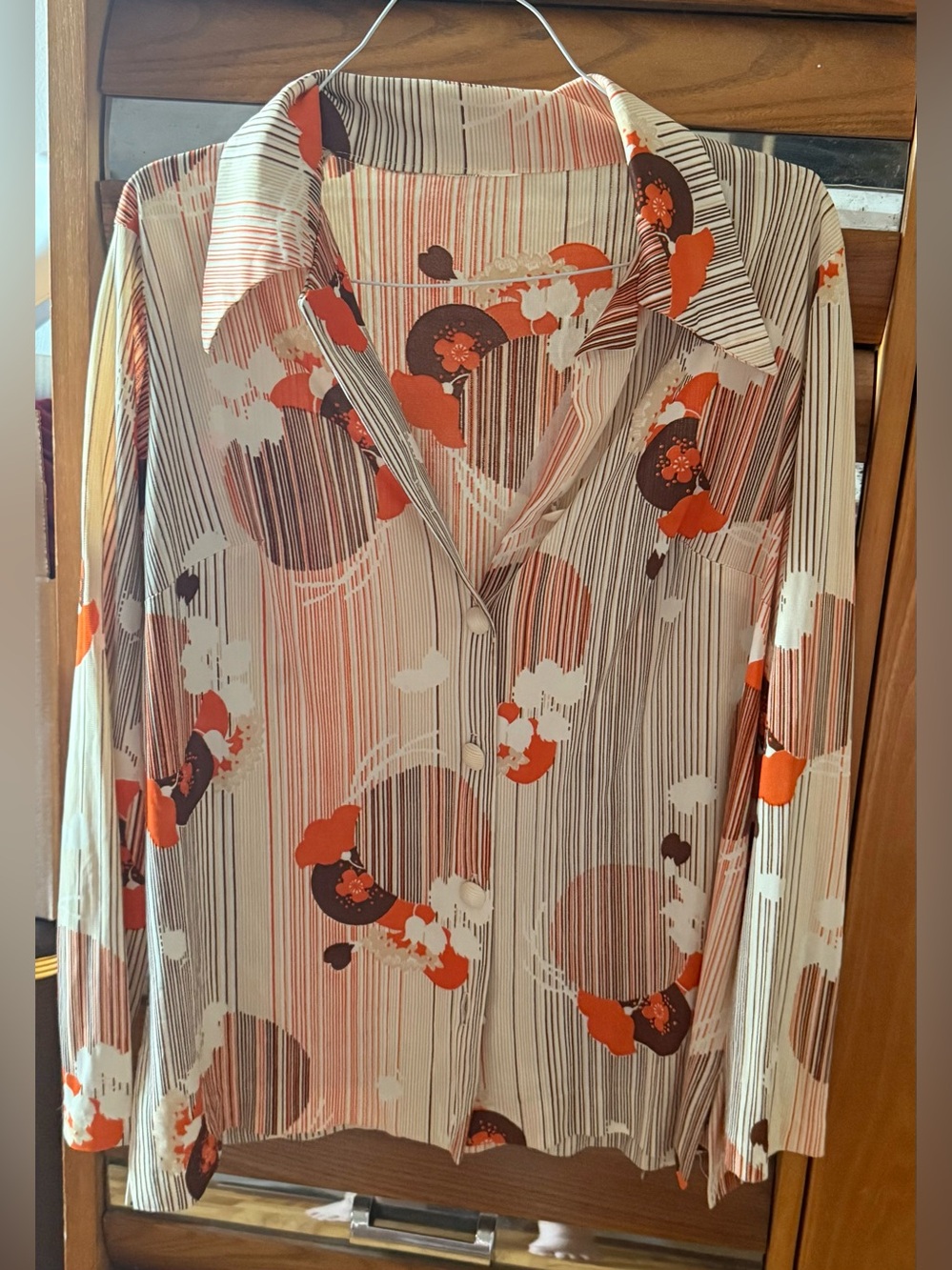 Circa 70’s - Vintage Cream Blouse with Orange and Brown Floral Print